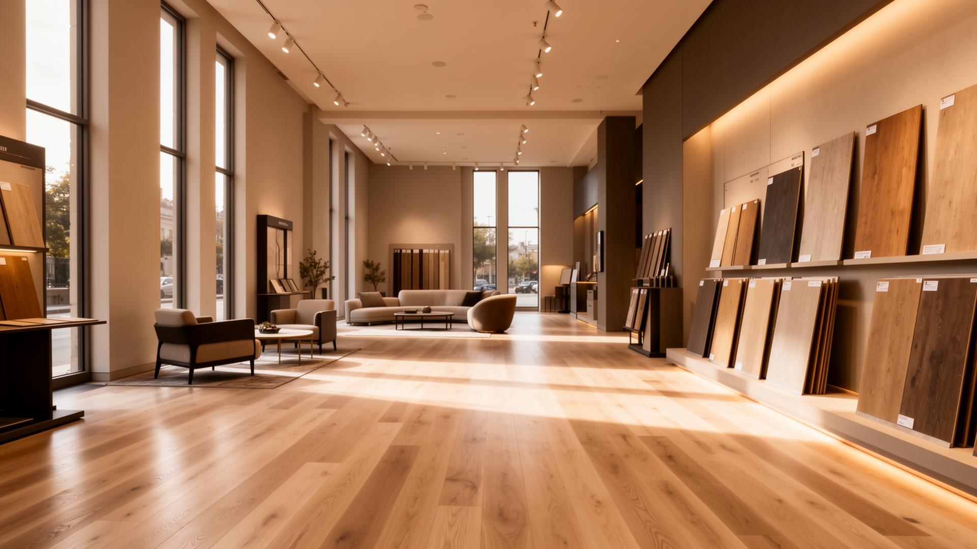 Premium flooring retail showroom with wide plank oak and sample displays